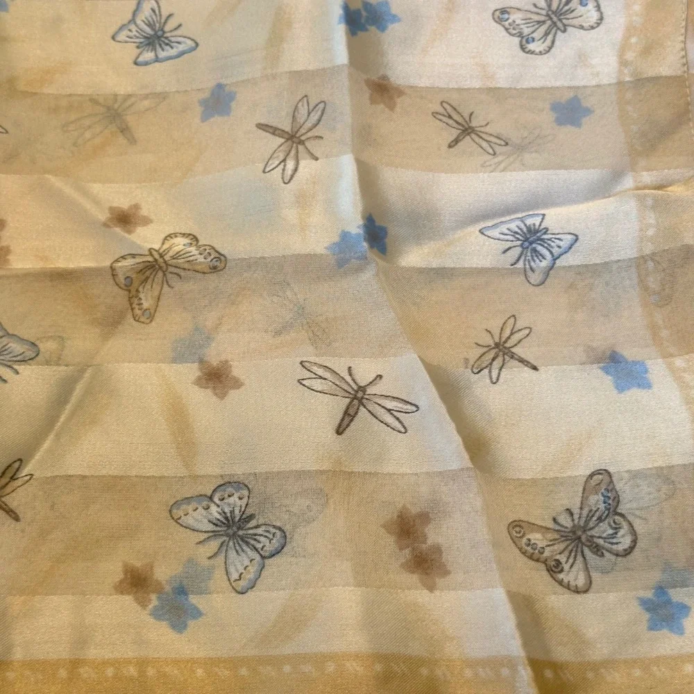 Made Italy Butterfly Dragonfly Striped Square Scarf Cream Tan Blue Cottagecore